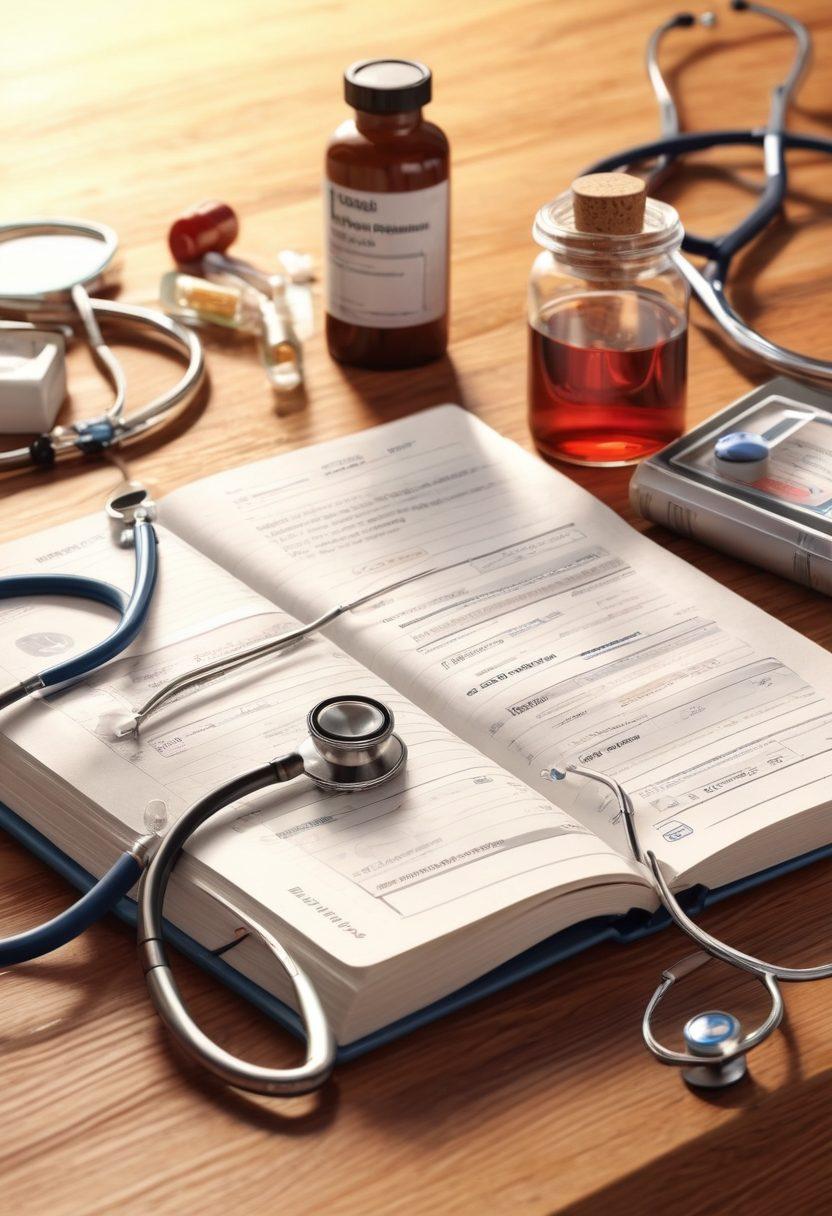 An open medical book laying on a wooden table, surrounded by various health-related items like a stethoscope, blood pressure monitor, and pill bottles. A gentle light casts shadows, creating a warm and inviting atmosphere. In the background, a diverse group of people are discussing, symbolizing community support. Super-realistic. Warm colors. 3D.