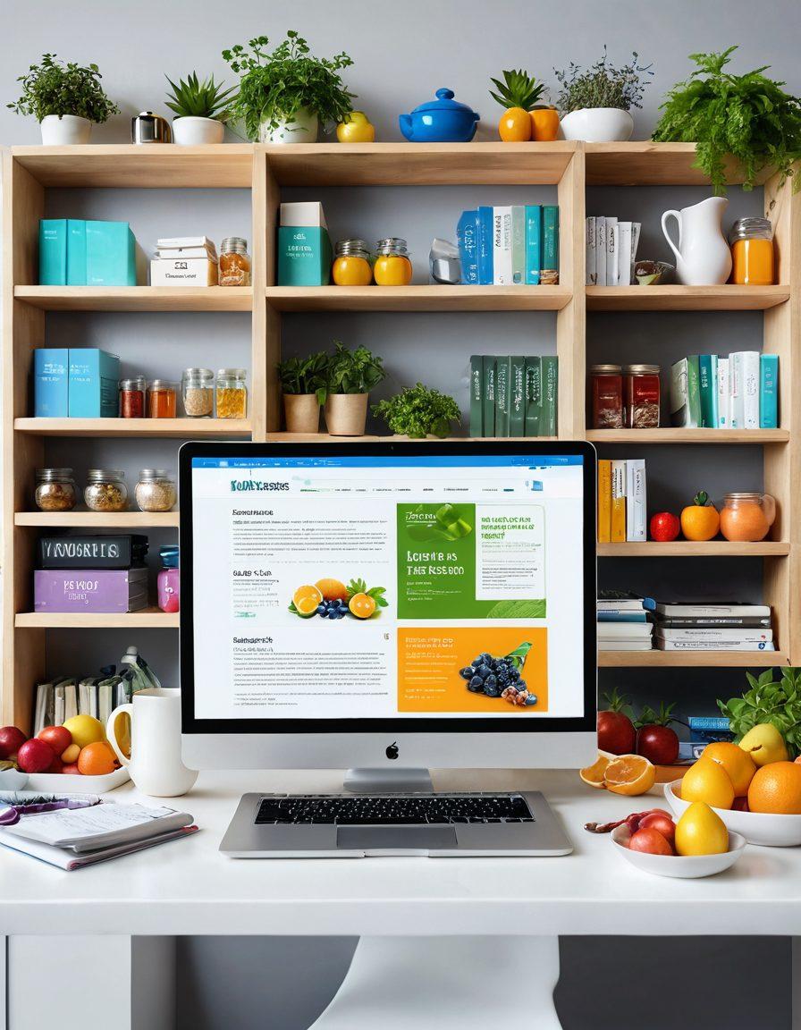 A modern and sleek digital workspace featuring a laptop open to a health news website, surrounded by vibrant health supplements, fresh fruits, and a steaming cup of herbal tea. Infographics and wellness tips are displayed on the screen. The background shows shelves filled with medical books and plants, creating an atmosphere of knowledge and tranquility. super-realistic. vibrant colors. 3D.