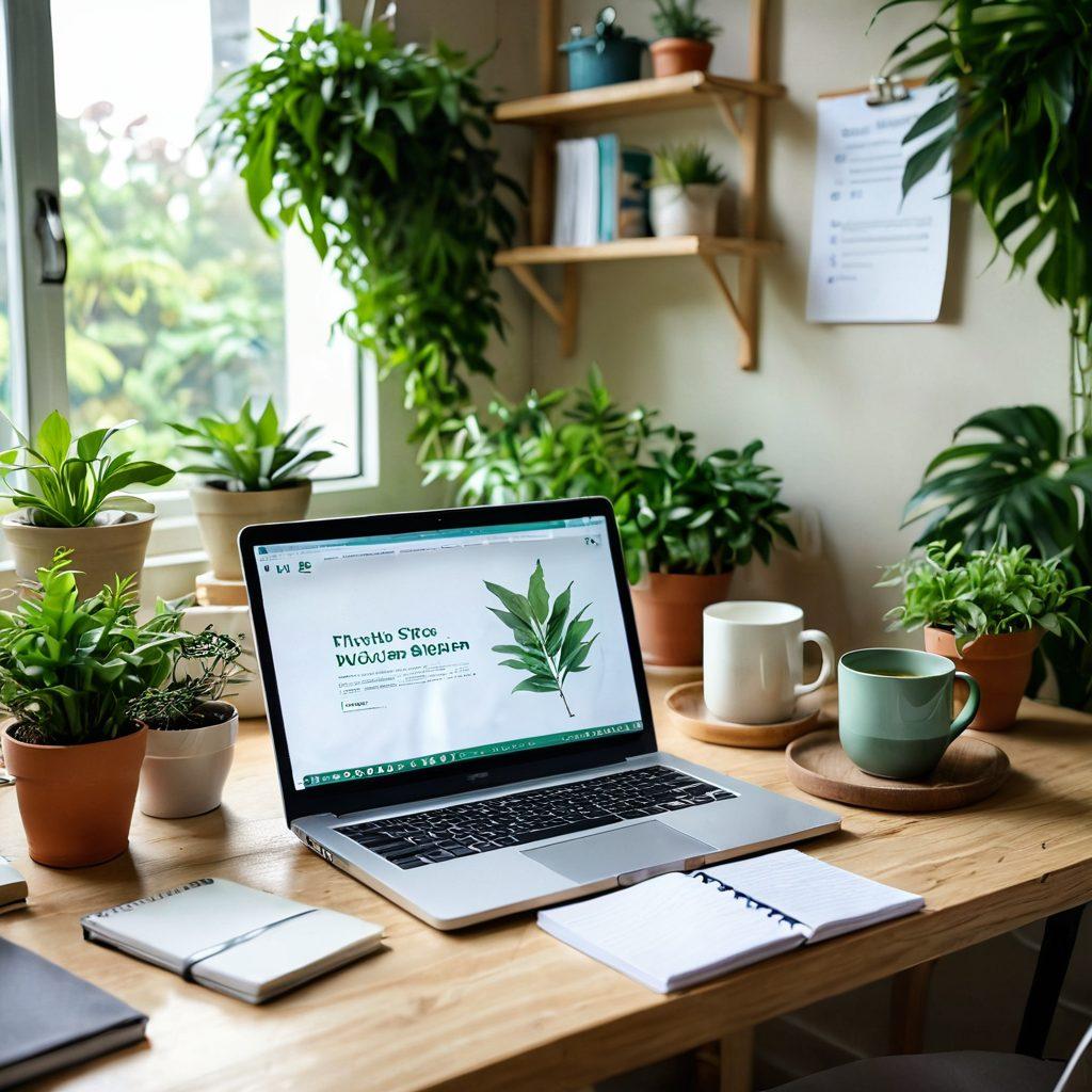 A serene and inviting health-themed workspace, featuring an open laptop displaying pharmaceutical insights, surrounded by lush green plants, a notepad filled with wellness tips, and a steaming cup of herbal tea. The background has soft lighting, emphasizing a calm and productive atmosphere. Include motivational health quotes in a stylish font on the wall. vibrant colors. soft focus. cozy ambiance.